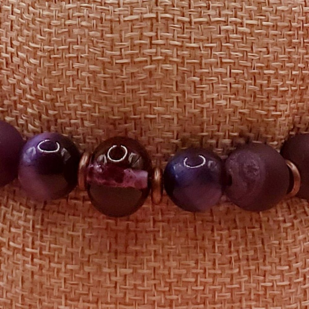 Purple Druzy Agate,  Galaxy Tigers Eye, Copper, and Lampwork Beaded Bracelet - Picture 4 of 5